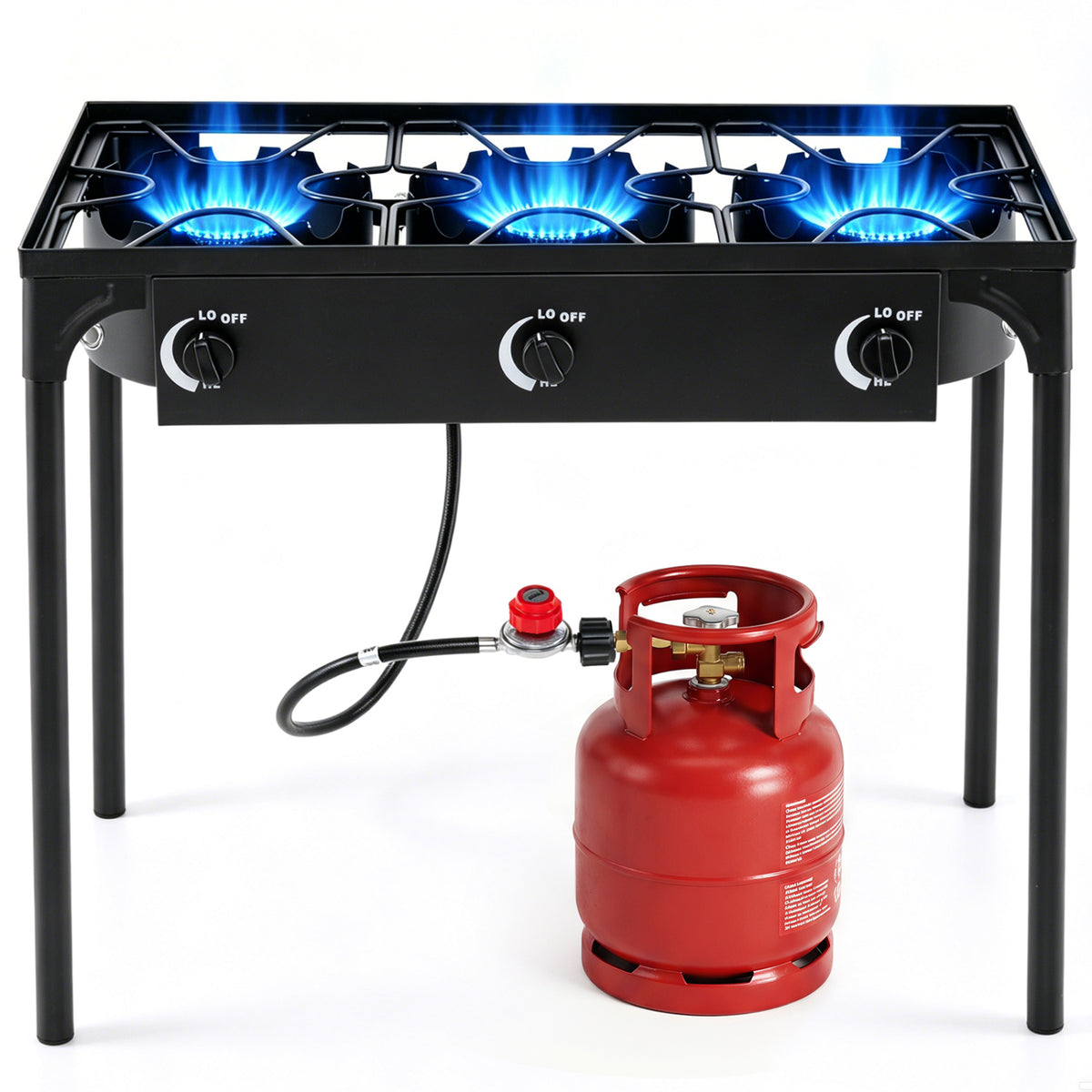 Black 3-burner propane camping stove with adjustable regulator and hose, ideal for outdoor grilling and outdoor cooking.