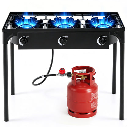 Black 3-burner propane camping stove with adjustable regulator and hose, ideal for outdoor grilling and outdoor cooking.
