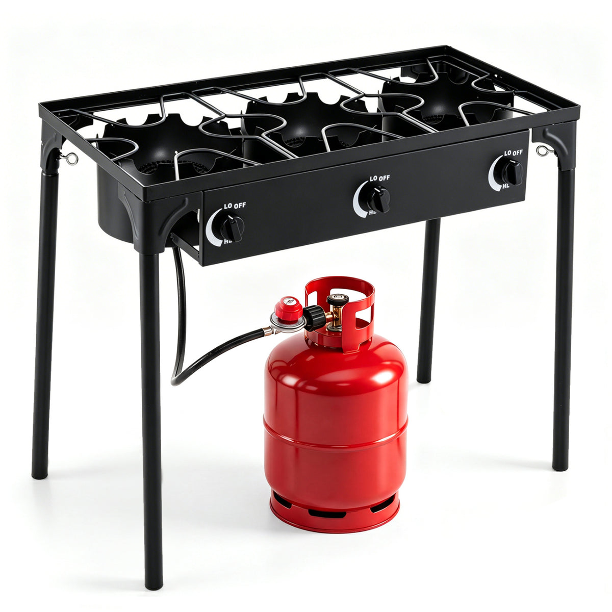 Black 3-burner propane stove with adjustable regulator and hose, ideal for outdoor camping and BBQ cooking.