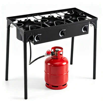 Black 3-burner propane stove with adjustable regulator and hose, ideal for outdoor camping and BBQ cooking.