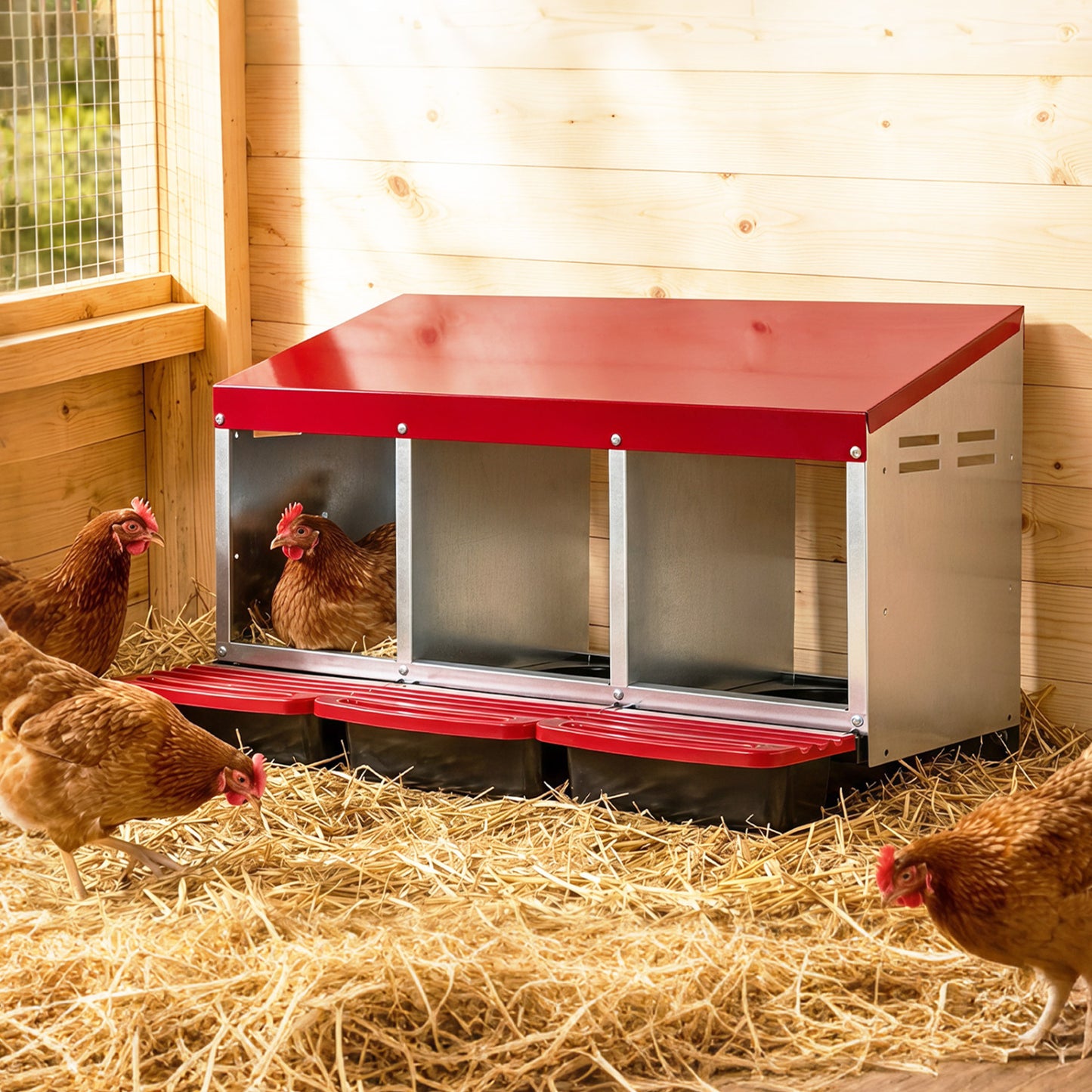 3-Compartment Roll Away Metal Chicken Nesting Box for Hens-Green