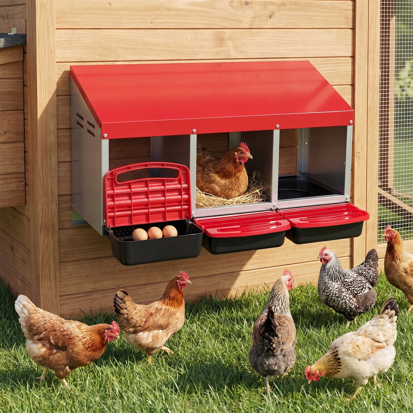 3-Compartment Roll Away Metal Chicken Nesting Box for Hens-Green