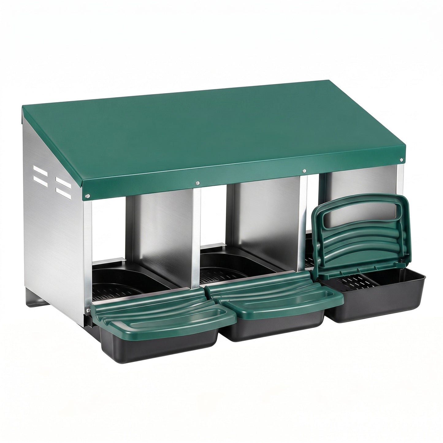 3-Compartment Roll Away Chicken Nesting Box for Egg Collection with Removable Trays and Landing Steps-Green