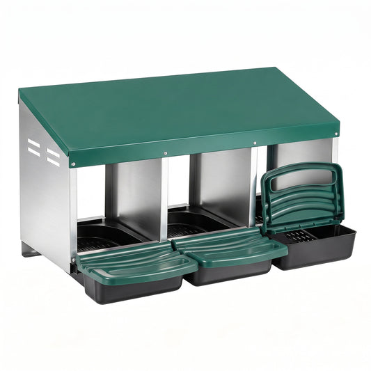 3-Compartment Roll Away Chicken Nesting Box for Egg Collection with Removable Trays and Landing Steps-Green
