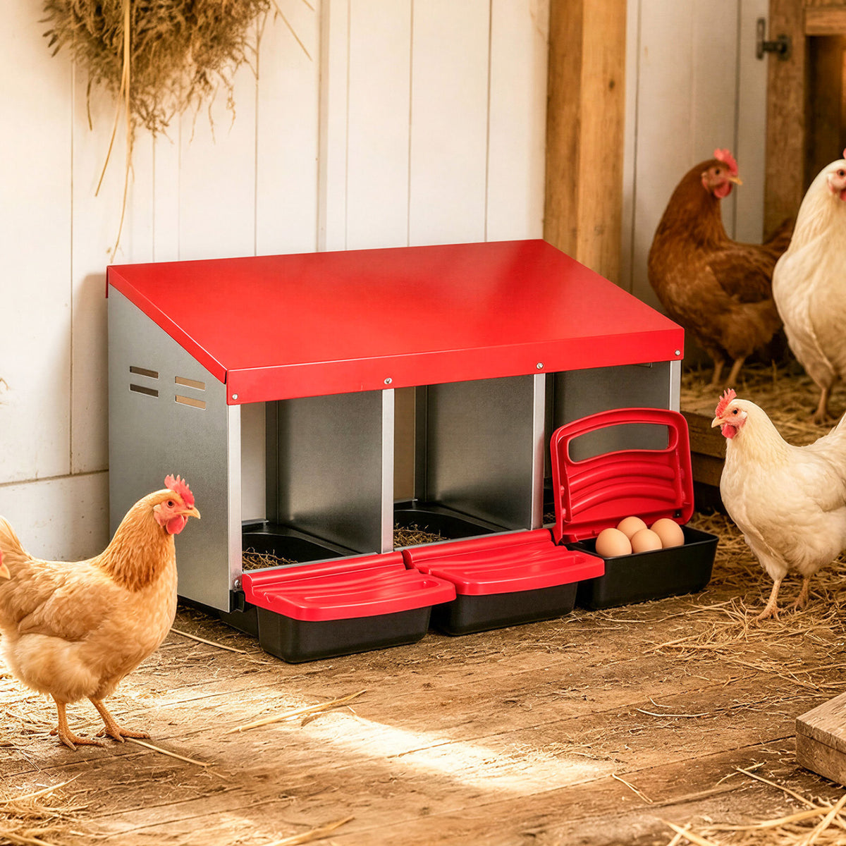 3-Compartment Roll Away Chicken Nesting Box for Egg Collection with Removable Trays and Landing Steps-Green
