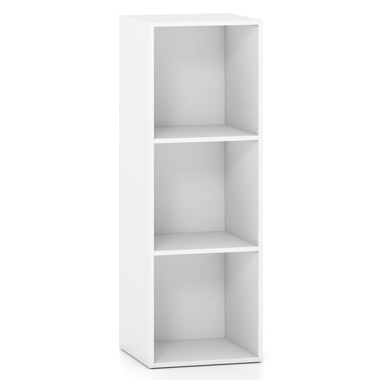 White 3-cube wooden bookshelf by Wilsons Home Store, modern storage organizer with tool-free assembly for home or office.