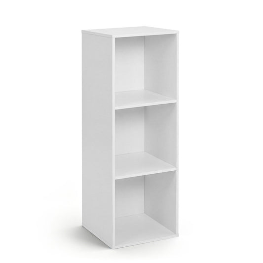 White 3-cube bookcase with cubby storage and anti-tipping kits, ideal for home office organization and furniture.