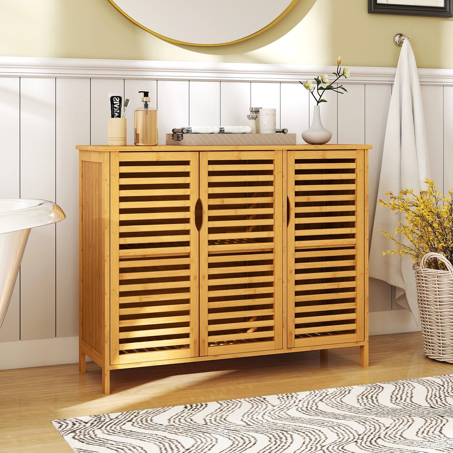 3-Door Bamboo Bathroom Cabinet with Shelves-Natural
