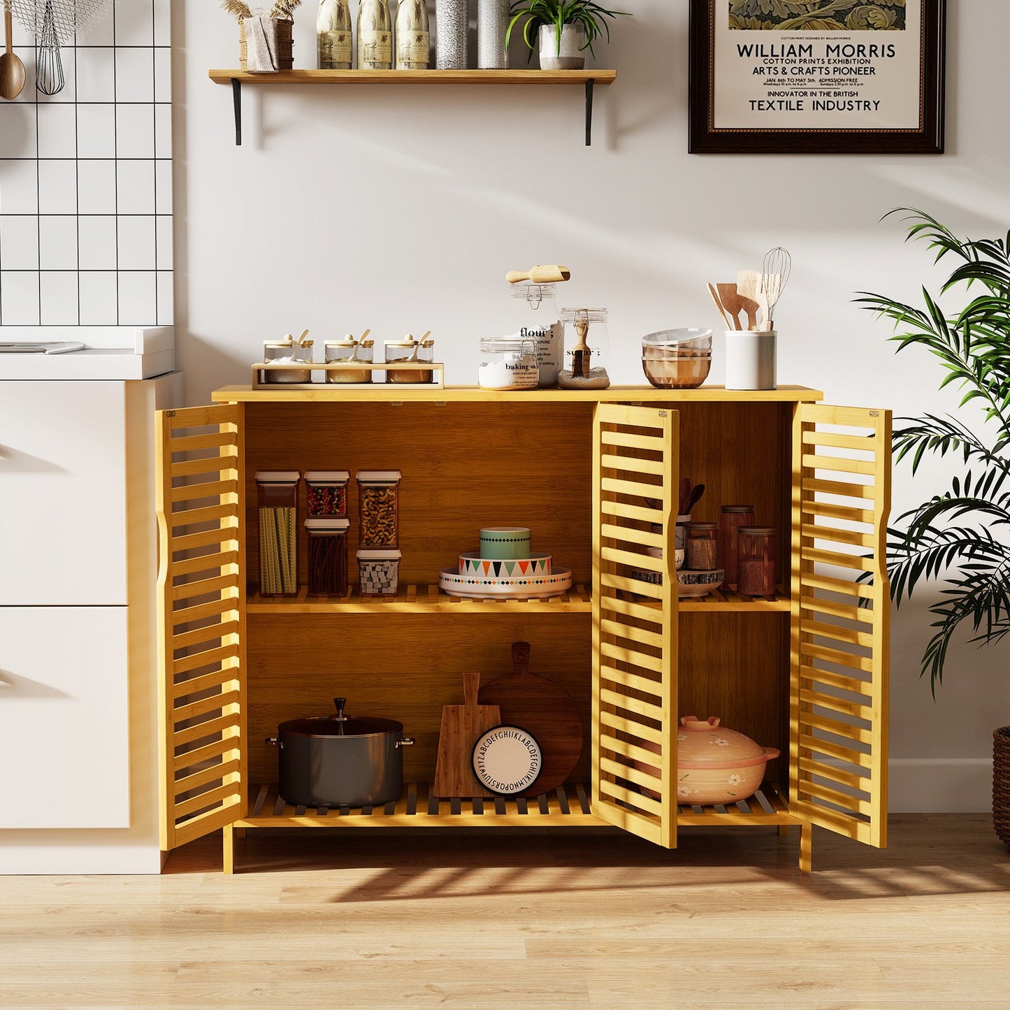 3-Door Bamboo Bathroom Cabinet with Shelves-Natural