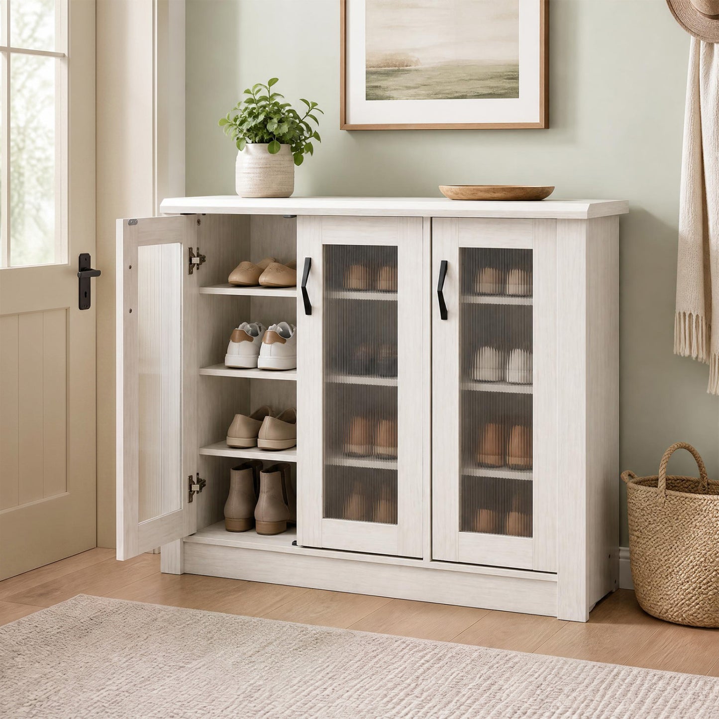 3-Door Shoe Cabinet with Removable Shelves Wooden Shoe Storage Organizer-White