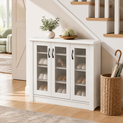 3-Door Shoe Cabinet with Removable Shelves Wooden Shoe Storage Organizer-White