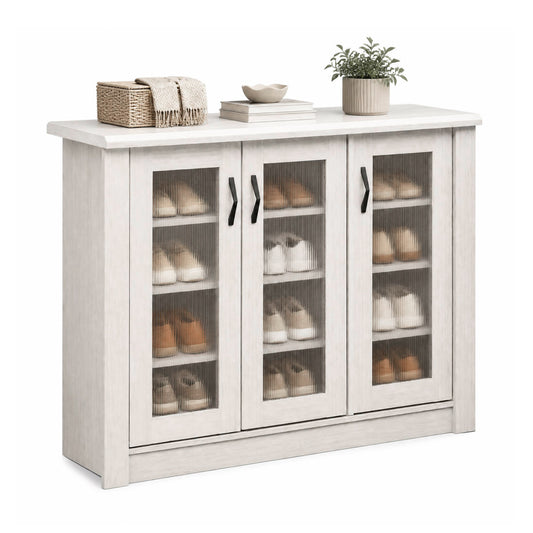 3-Door Shoe Cabinet with Removable Shelves Wooden Shoe Storage Organizer-White