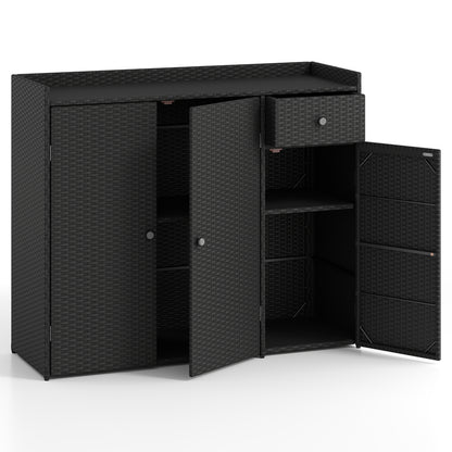 3 Doors Outdoor PE Wicker Storage Cabinet for Deck-Black