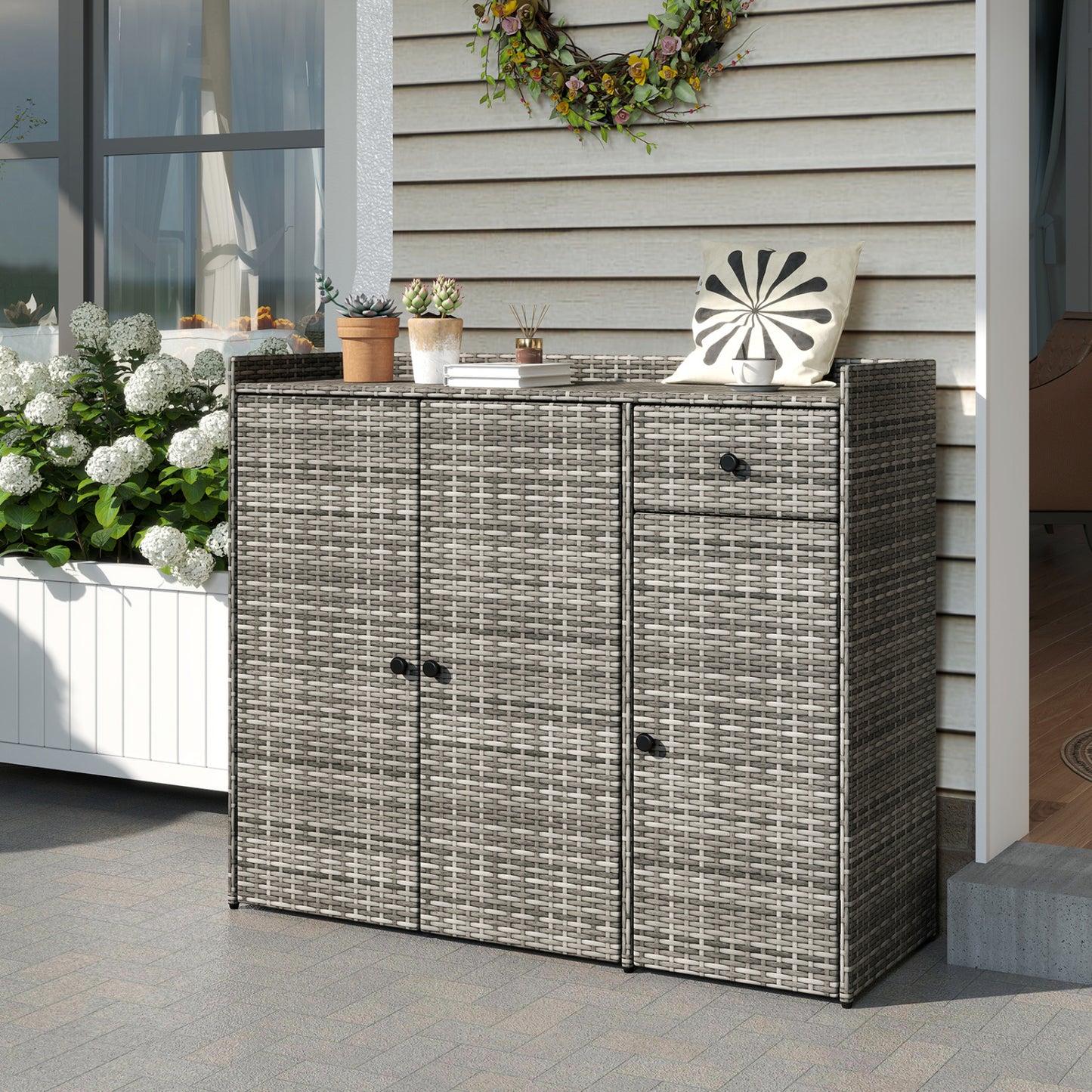 3 Doors Outdoor PE Wicker Storage Cabinet for Deck-Black