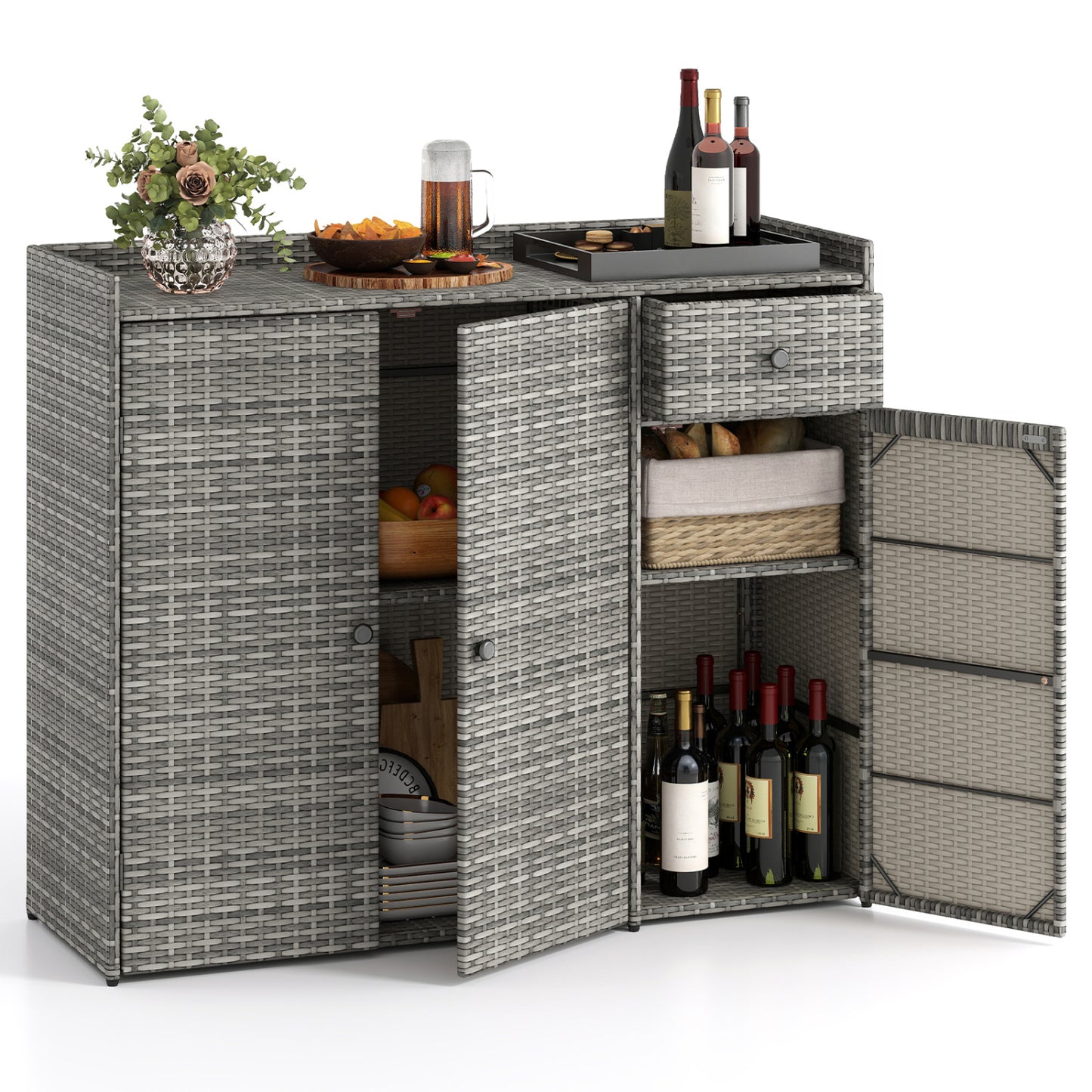 3 Doors Outdoor PE Wicker Storage Cabinet for Deck-Black