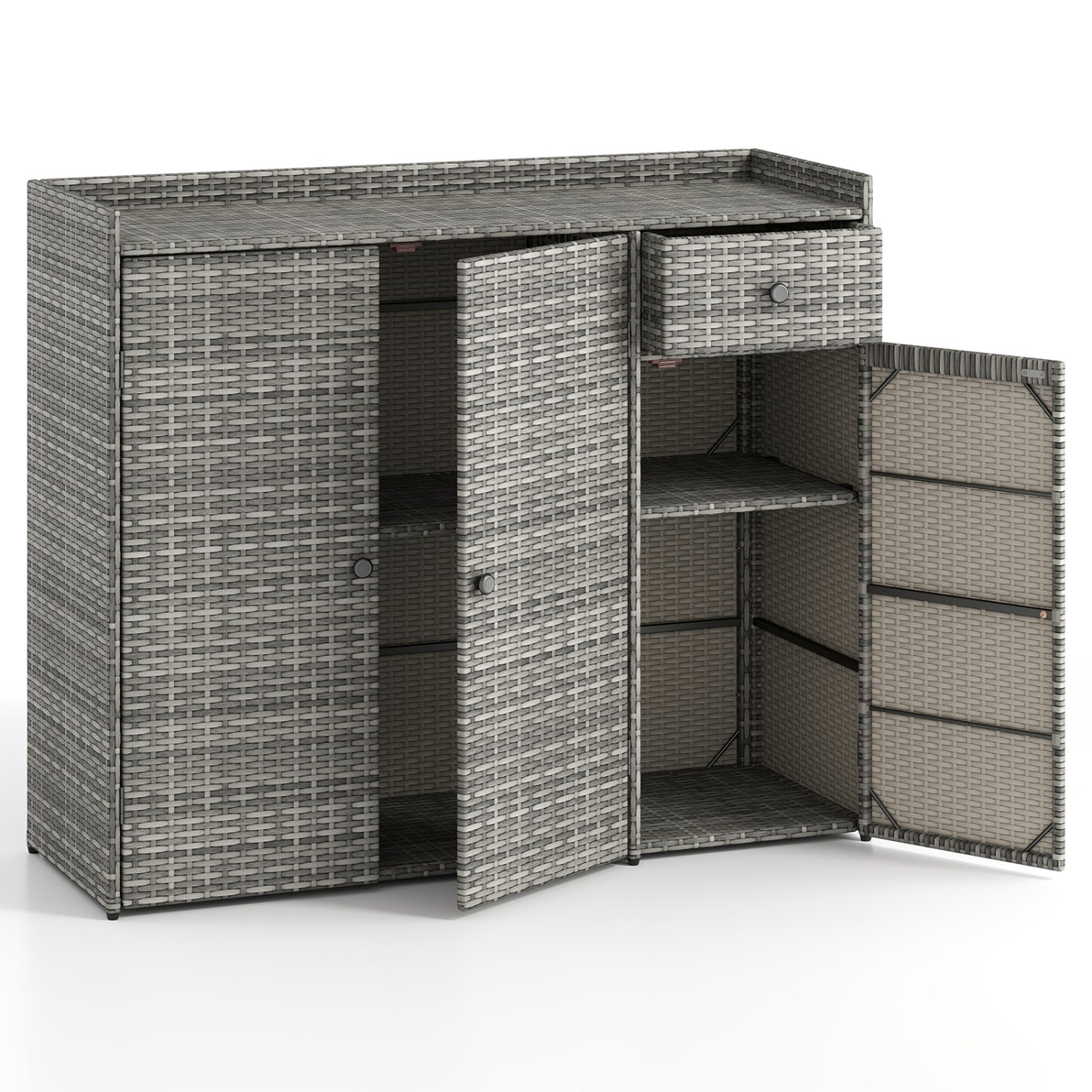 3 Doors Outdoor PE Wicker Storage Cabinet for Deck-Black