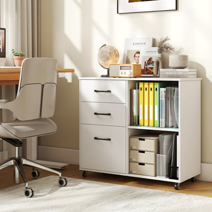 3-Drawer Mobile File Cabinet with Open Storage Shelves and Wheels for Letter A4 Size-White