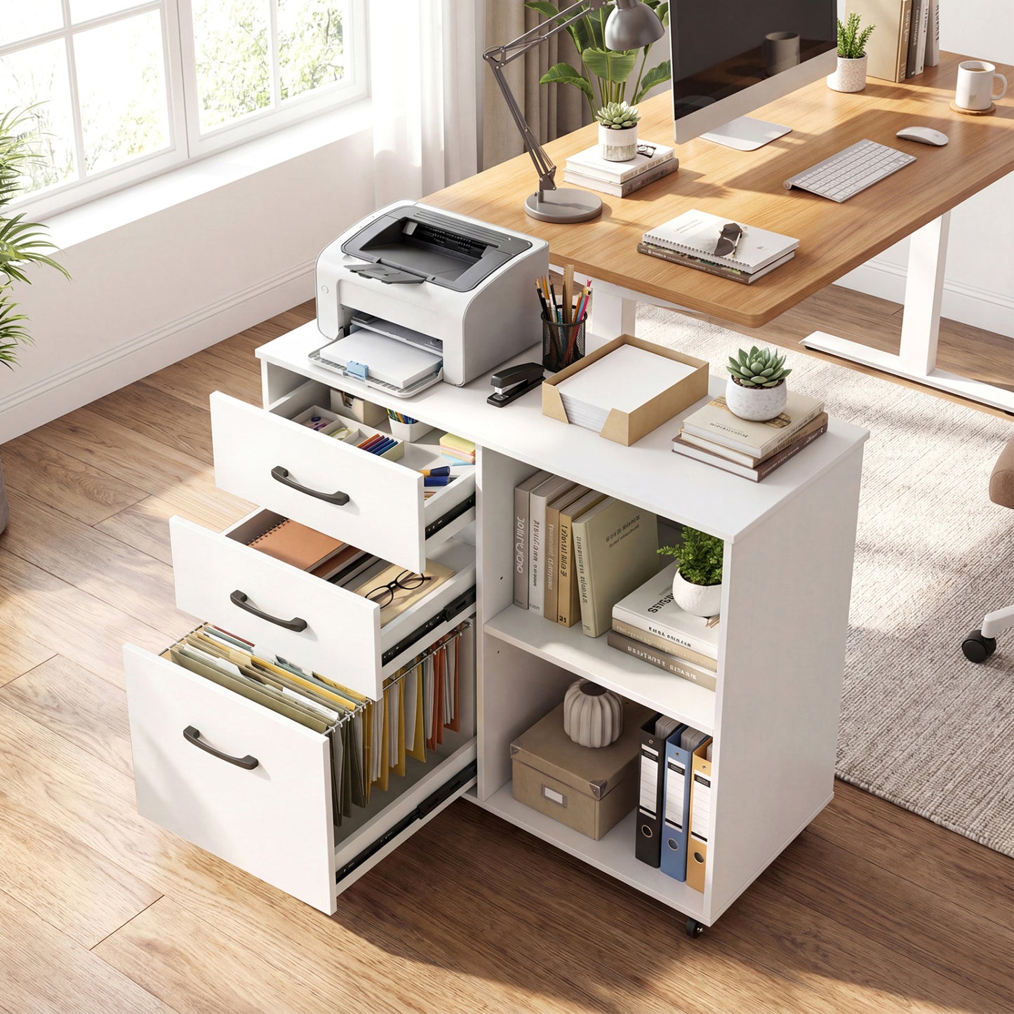 3-Drawer Mobile File Cabinet with Open Storage Shelves and Wheels for Letter A4 Size-White