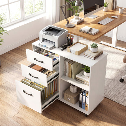 3-Drawer Mobile File Cabinet with Open Storage Shelves and Wheels for Letter A4 Size-White