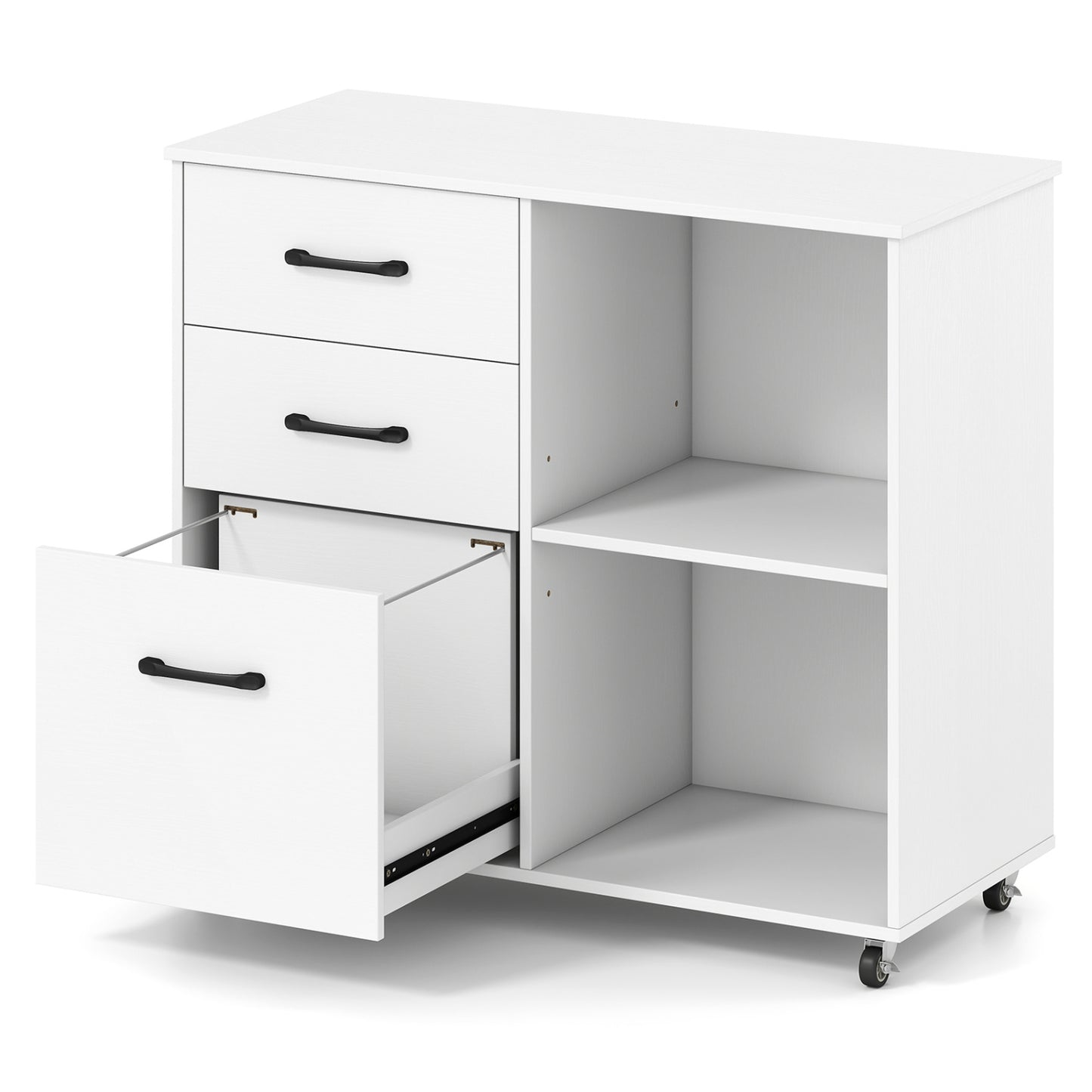 3-Drawer Mobile File Cabinet with Open Storage Shelves and Wheels for Letter A4 Size-White