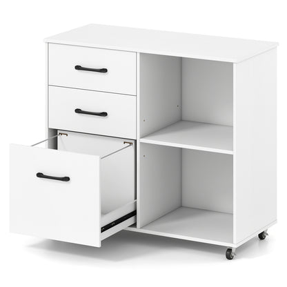 3-Drawer Mobile File Cabinet with Open Storage Shelves and Wheels for Letter A4 Size-White