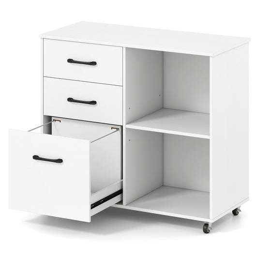White 3-drawer mobile file cabinet with open shelves and wheels, designed for home office storage of letter and A4 files.