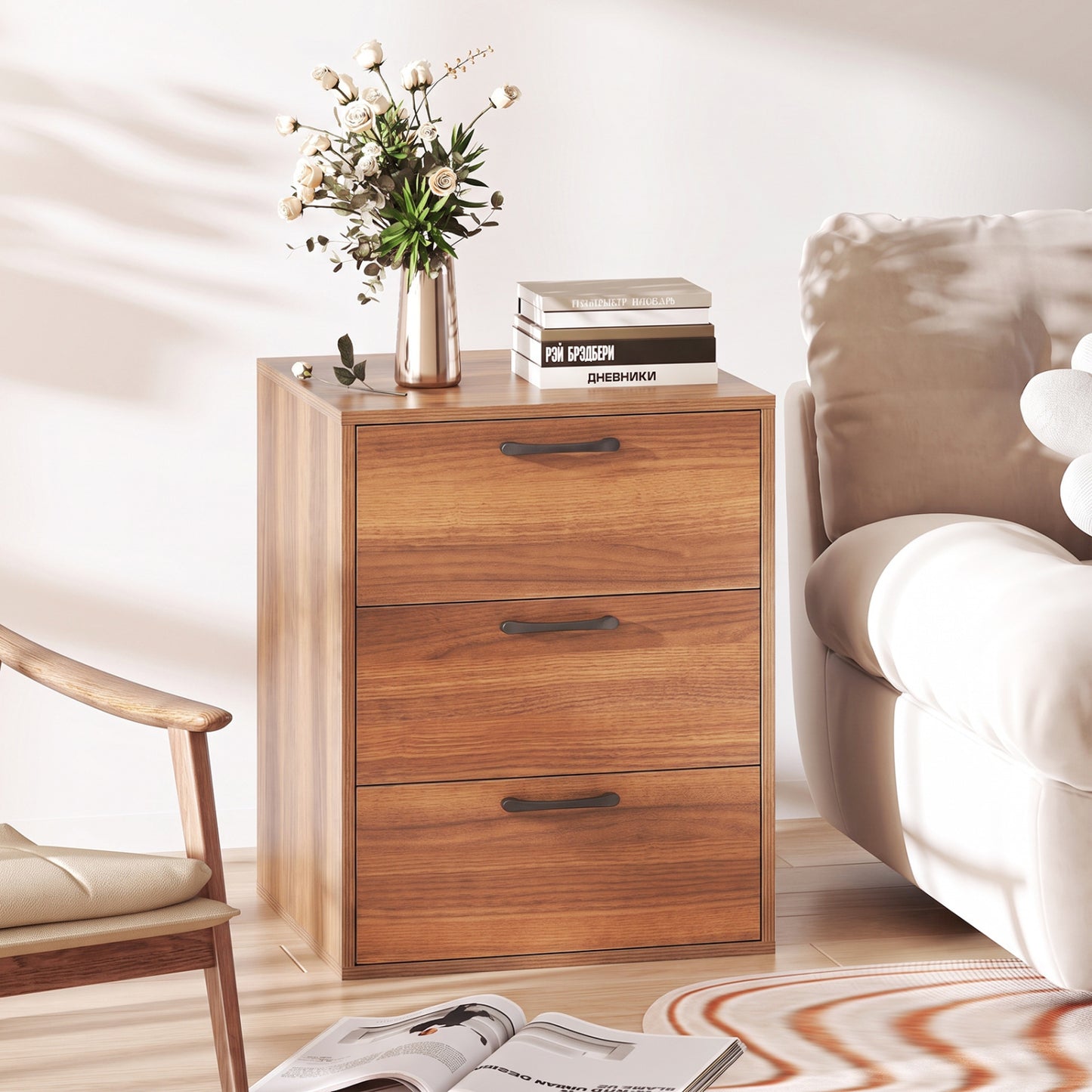 3 Drawer Nightstand with Wood Grain Finish and Storage for Living Room Bedroom Study-Black