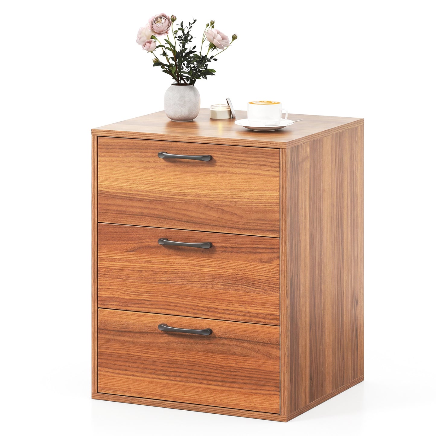 3 Drawer Nightstand with Wood Grain Finish and Storage for Living Room Bedroom Study-Black