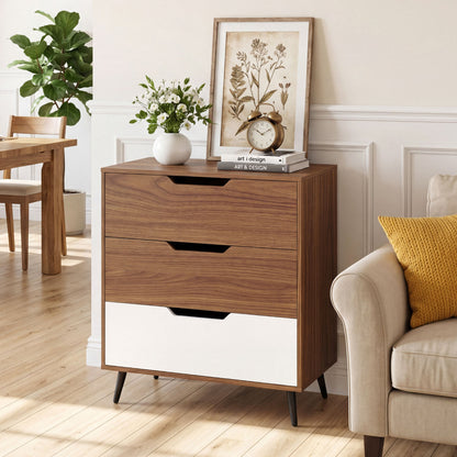 Rustic walnut wooden 3-drawer farmhouse dresser with vintage style for bedroom storage, featuring natural wood grain and classic design.