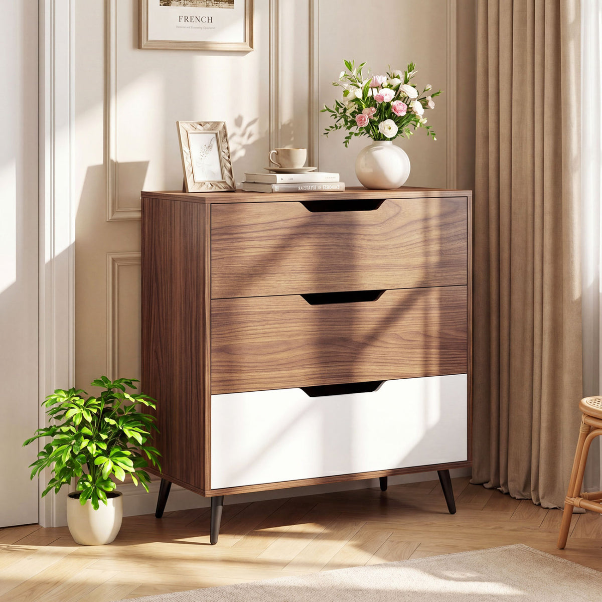 Rustic walnut wooden 3-drawer farmhouse dresser with natural finish, ideal for bedroom storage, by Wilsons Home Store.