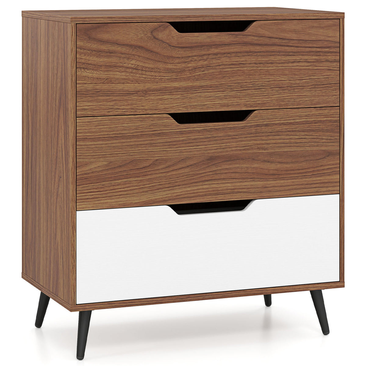 Rustic farmhouse wooden storage dresser with three drawers in walnut finish, ideal for bedroom organization.