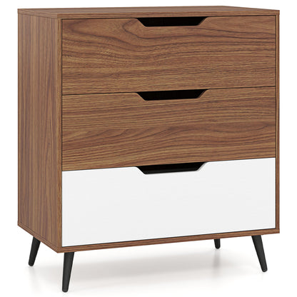 Rustic farmhouse wooden storage dresser with three drawers in walnut finish, ideal for bedroom organization.