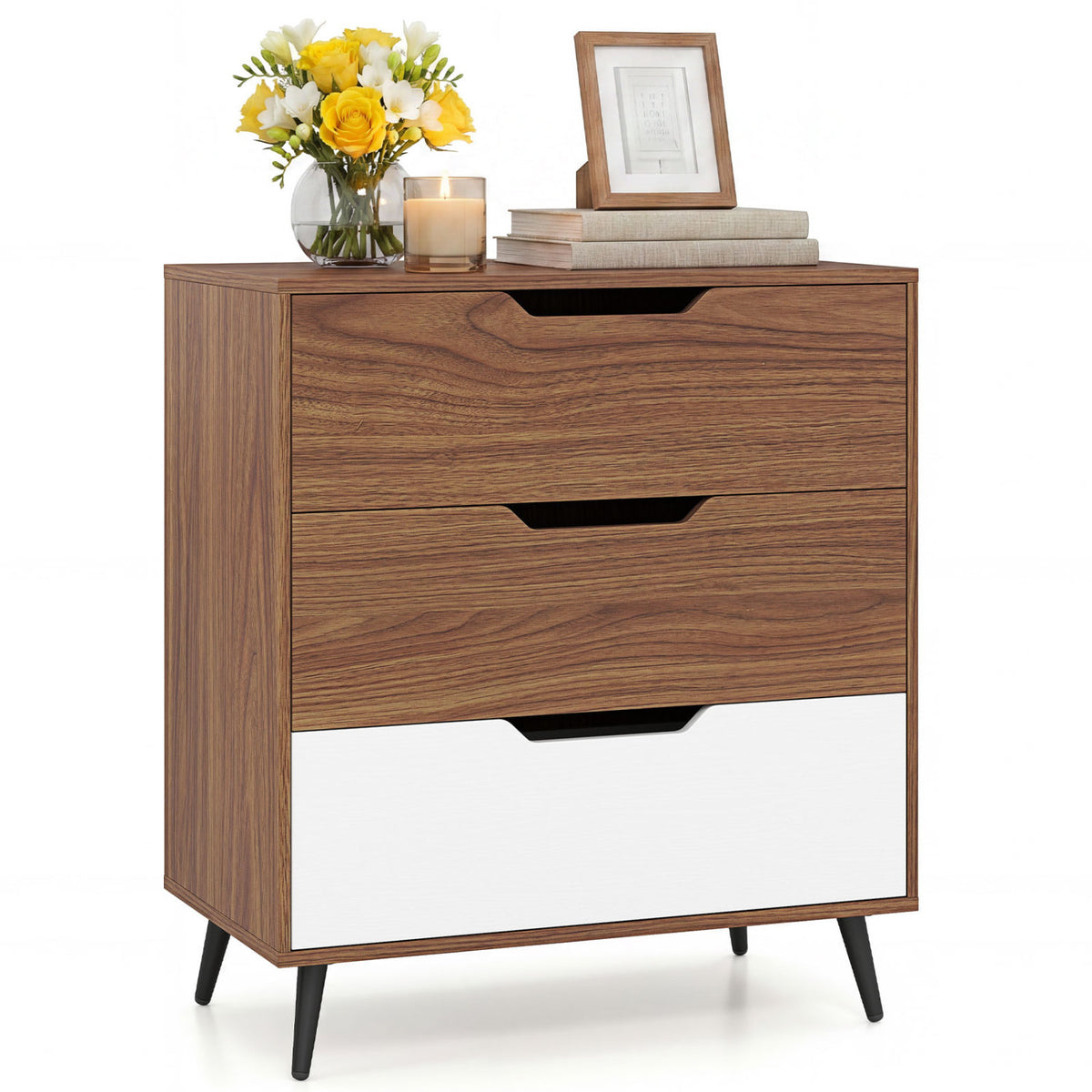 Rustic farmhouse walnut wooden dresser with three drawers, ideal for bedroom storage, featuring a natural wood finish.