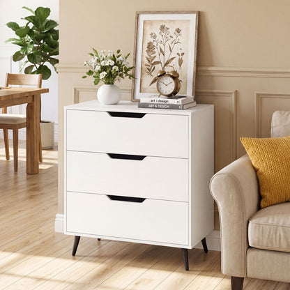 Rustic farmhouse wooden storage dresser with three drawers in walnut finish, ideal for bedroom organization.