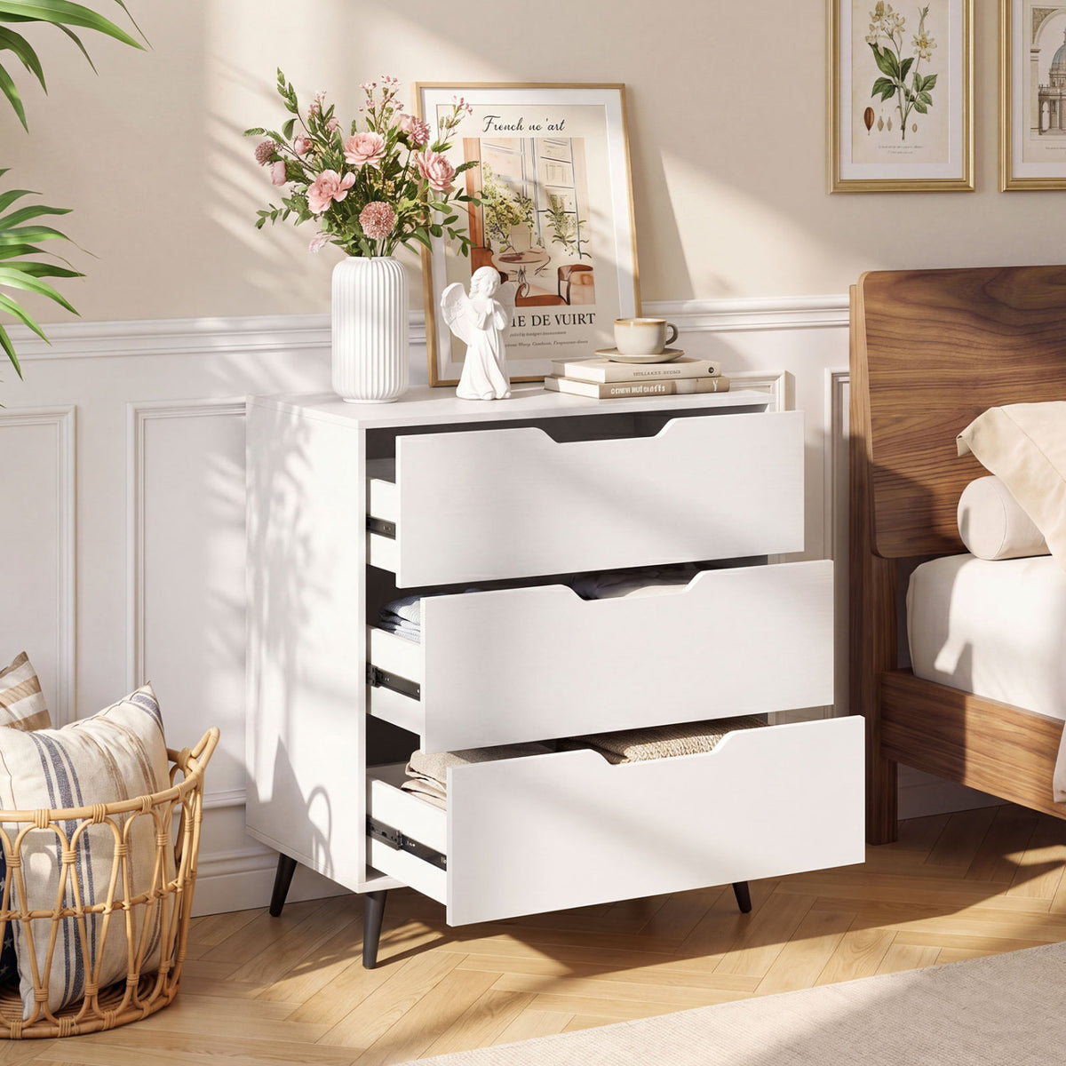 Rustic walnut wooden dresser with three drawers, farmhouse style bedroom storage furniture from Wilsons Home Store.