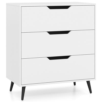 Rustic walnut 3-drawer farmhouse wooden storage dresser with vintage finish, ideal for bedroom organization.