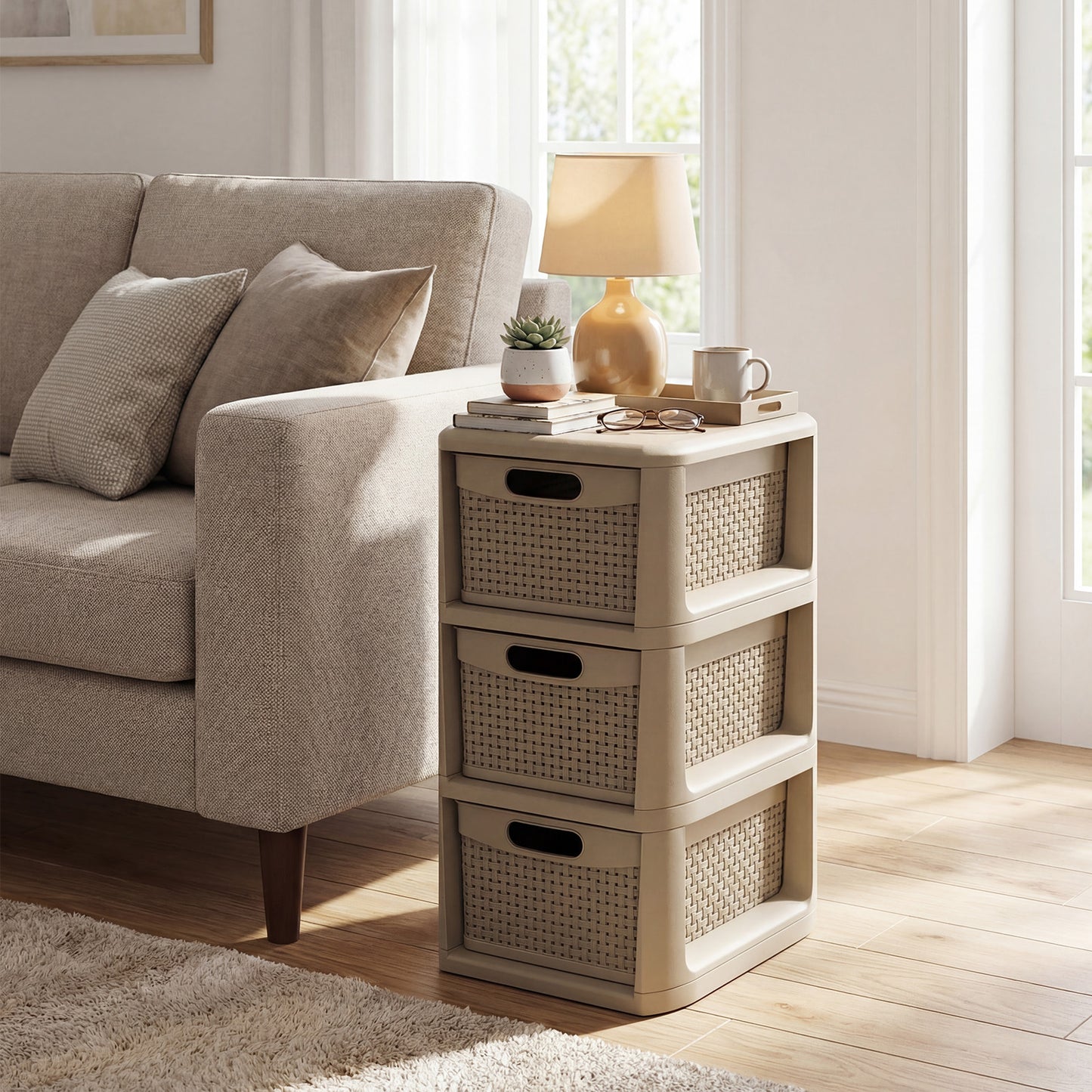 Black 3-drawer storage organizer with wicker pattern design, ideal for bedroom dresser or chest storage.