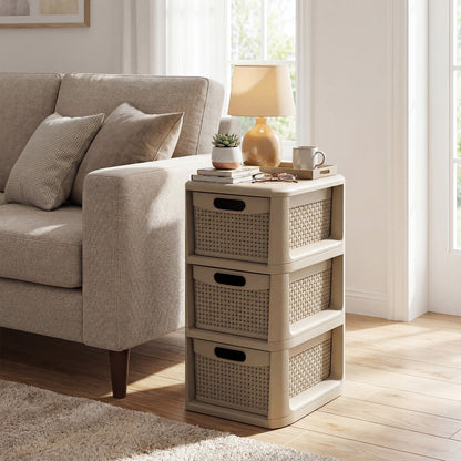 Black 3-drawer storage organizer with wicker pattern design, ideal for bedroom dresser or chest storage.