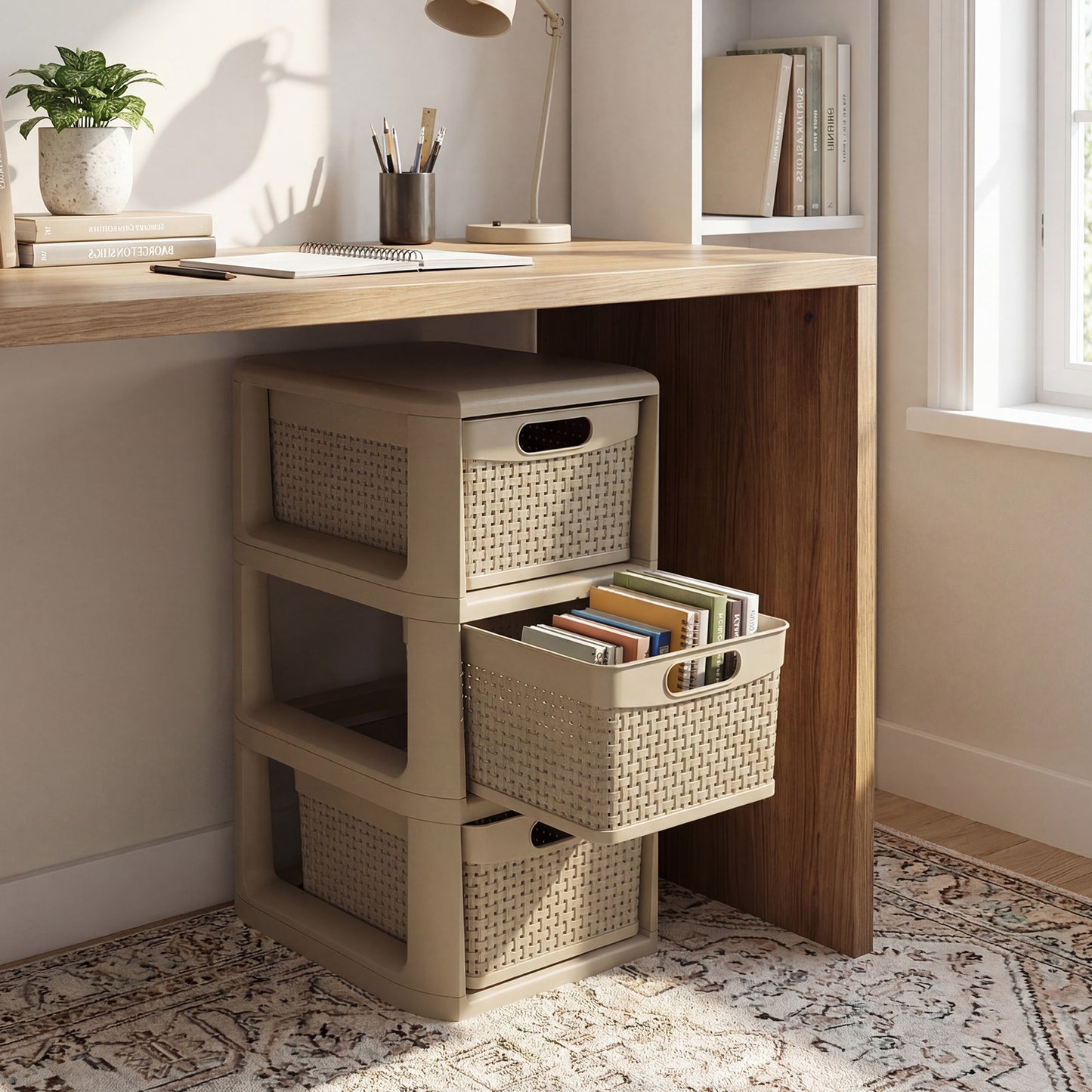 Black 3-drawer storage organizer with wicker pattern design, ideal for bedroom furniture and dresser organization.