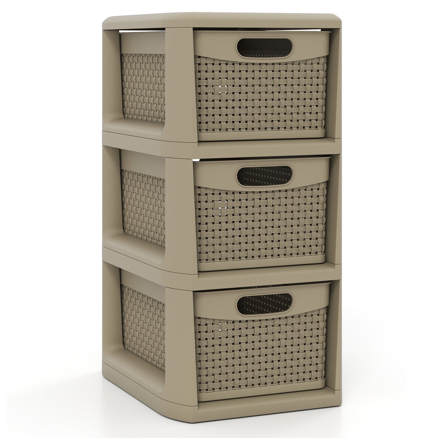 Black 3-drawer storage organizer with wicker-patterned fronts, ideal for bedroom storage and organization.