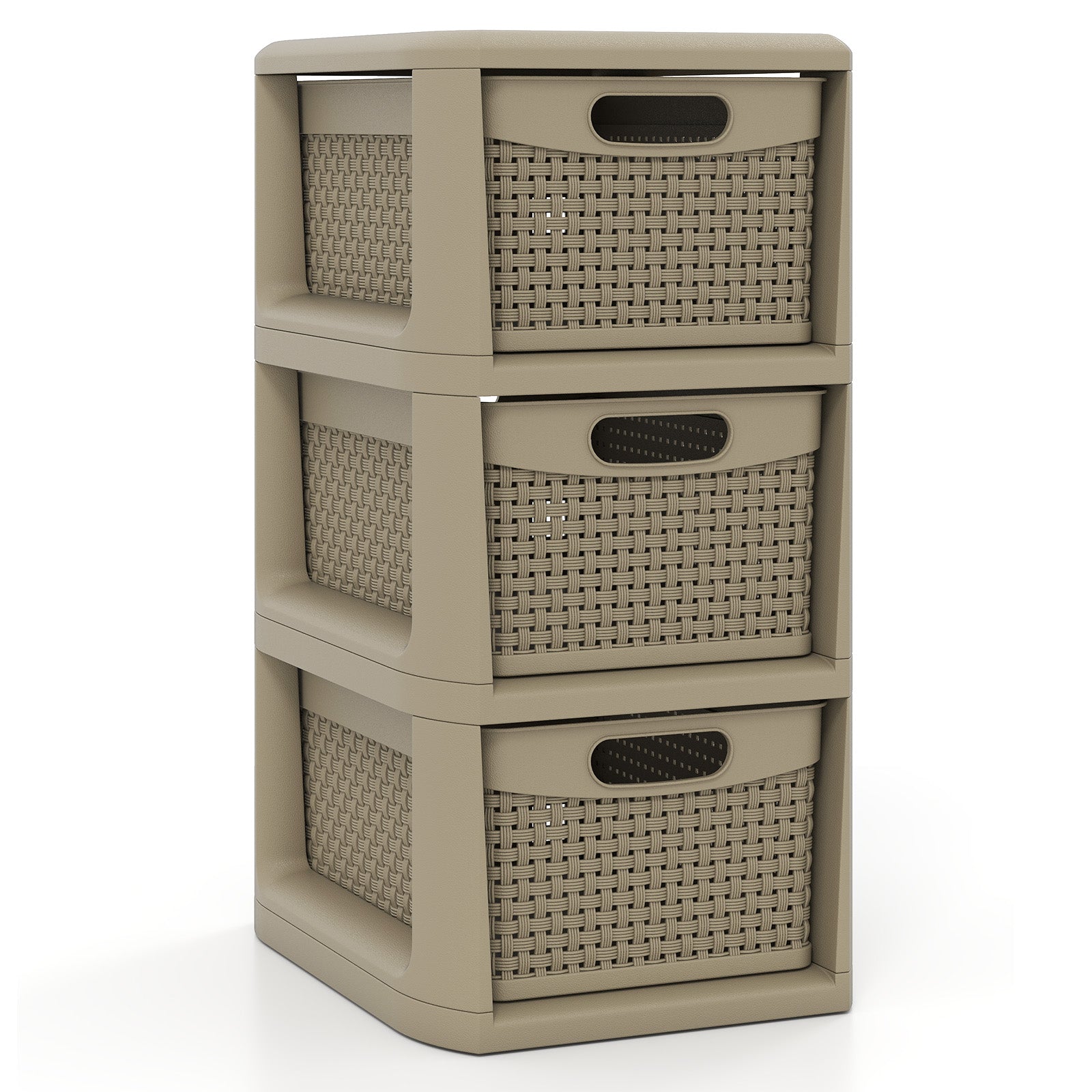 Black 3-drawer storage organizer with wicker-patterned fronts, ideal for bedroom storage and organization.