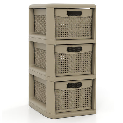 Black 3-drawer storage organizer with wicker-patterned fronts, ideal for bedroom storage and organization.