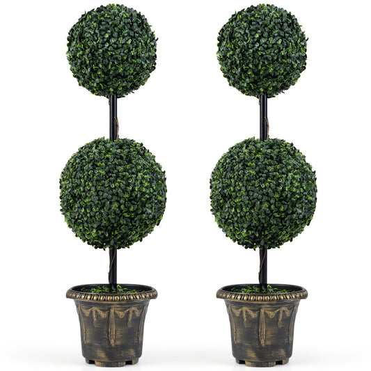 3 FT Artificial Boxwood Topiary Tree Double Ball Shrubs Set of 2