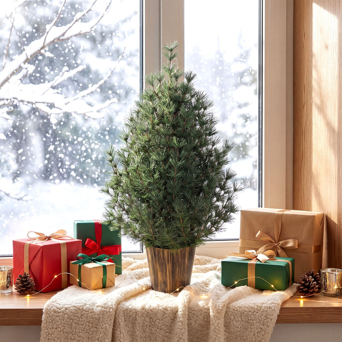 3-foot artificial Christmas tree in a vintage flowerpot, holiday decor for front porch, from Wilsons Home Store.