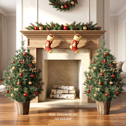 Set of two 3-foot artificial Christmas trees in vintage flowerpots, holiday decor for front porch, by Wilsons Home Store.