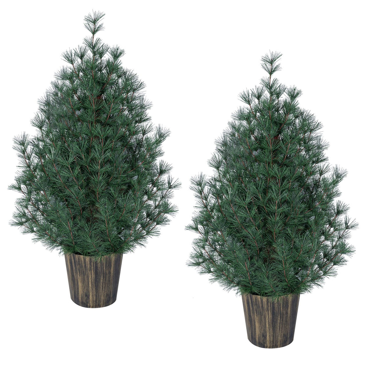 Two 3-foot artificial potted Christmas trees in vintage flowerpots, holiday decor for front porch, by Wilsons Home Store.