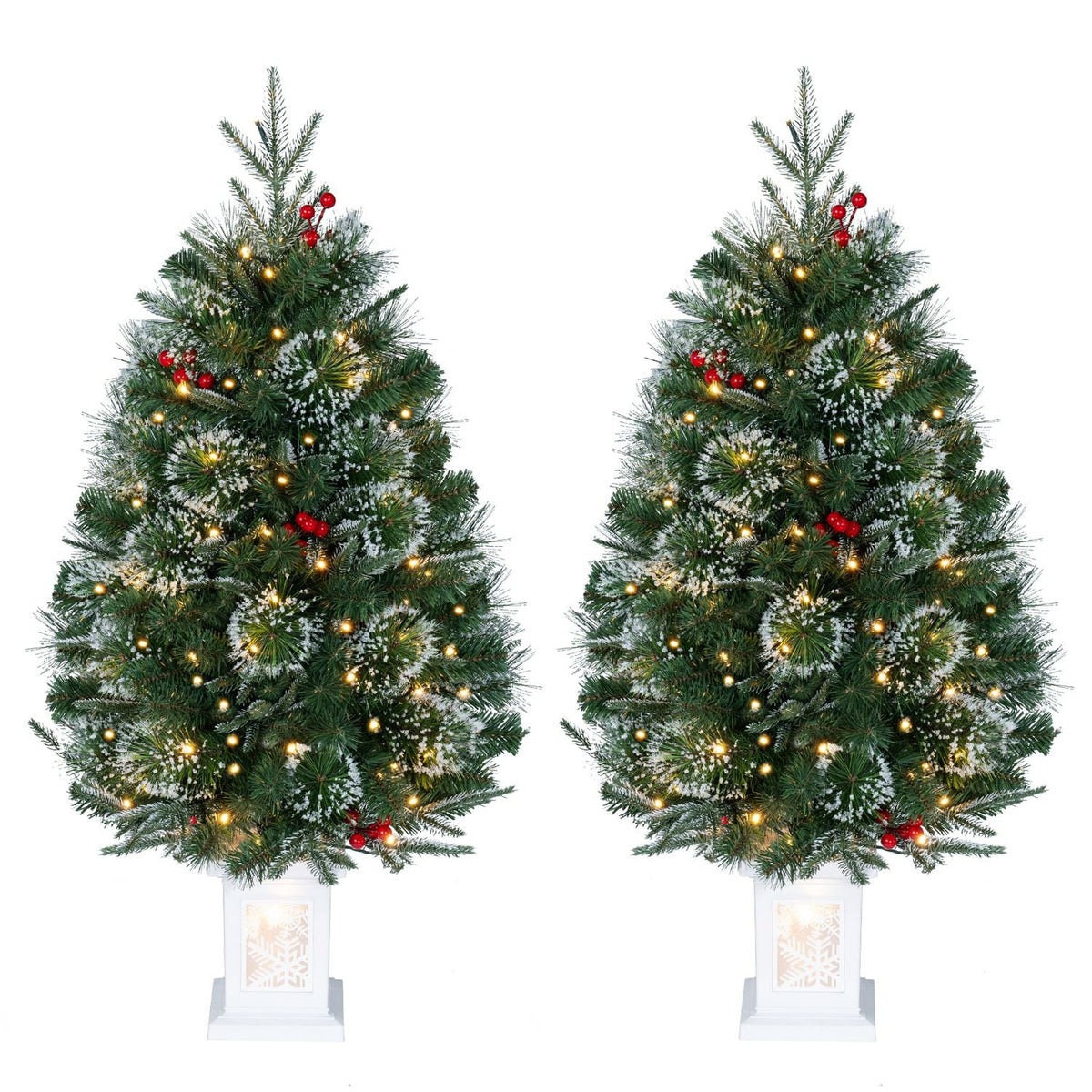 3 FT Pre-Lit Potted Christmas Tree Set of 2 with 80 Warm White LED Lights and 8 Modes