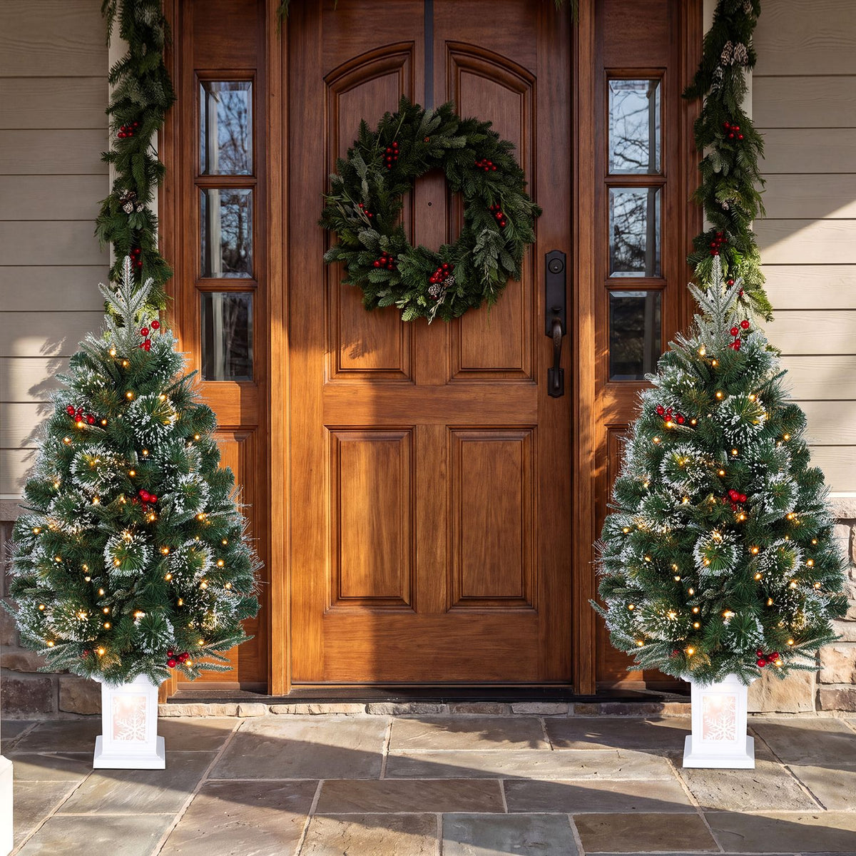3 FT Pre-Lit Potted Christmas Tree Set of 2 with 80 Warm White LED Lights and 8 Modes