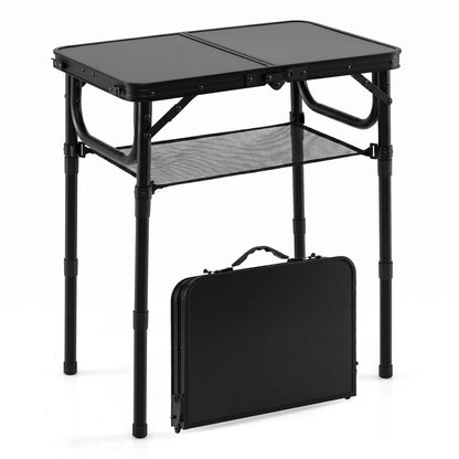 Black 3-height folding camping table with large storage net and handle, outdoor camping furniture by Wilsons Home Store