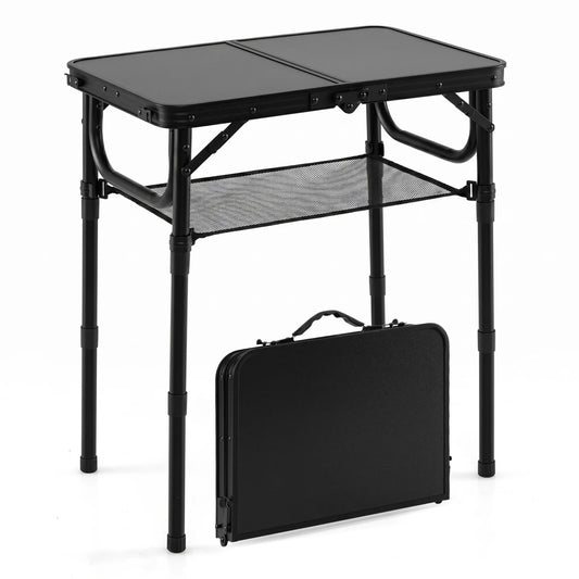 3-Height Folding Camping Table with Large Storage Net & Handle-Black